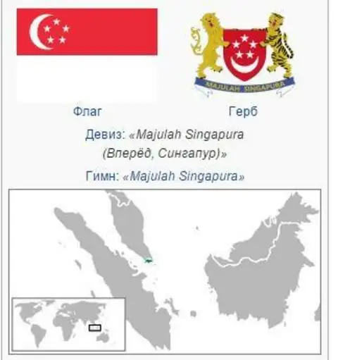 Государственные символы и расположение Сингапура на карте мира