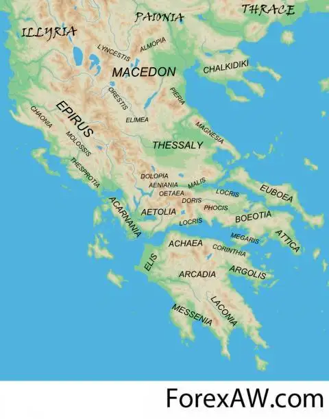 Карта, показывающая основные регионы материковой Древней Греции и прилегающие варварские земли.