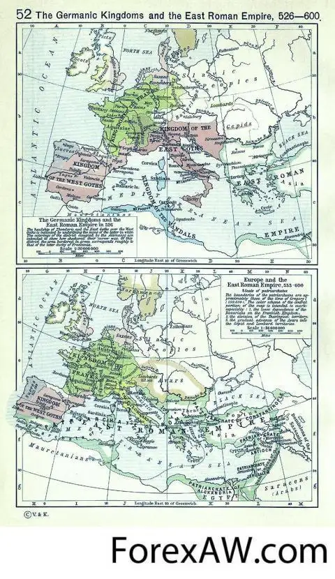 Европа в 526 — под контролем готов и Византийская империя в 600 году в период своего расцвета